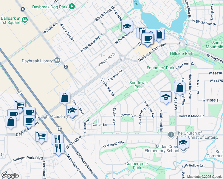 map of restaurants, bars, coffee shops, grocery stores, and more near 11531 Lake Run Road in South Jordan
