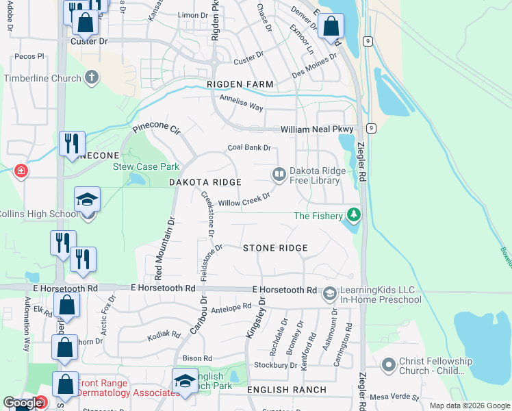map of restaurants, bars, coffee shops, grocery stores, and more near 2719 Willow Creek Drive in Fort Collins