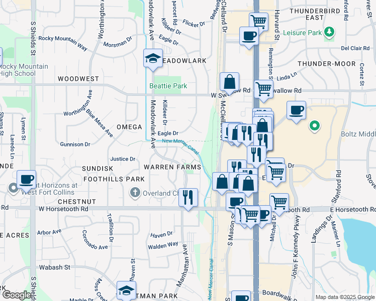 map of restaurants, bars, coffee shops, grocery stores, and more near 338 Plowman Way in Fort Collins