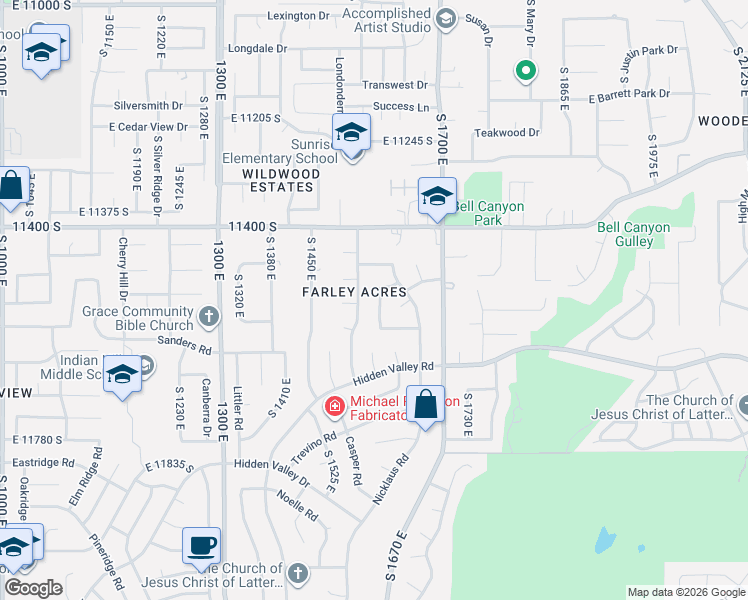 map of restaurants, bars, coffee shops, grocery stores, and more near 1553 Owenwood Circle in Sandy