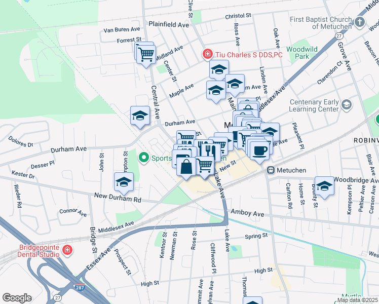 map of restaurants, bars, coffee shops, grocery stores, and more near 16 Franklin School Way in Metuchen