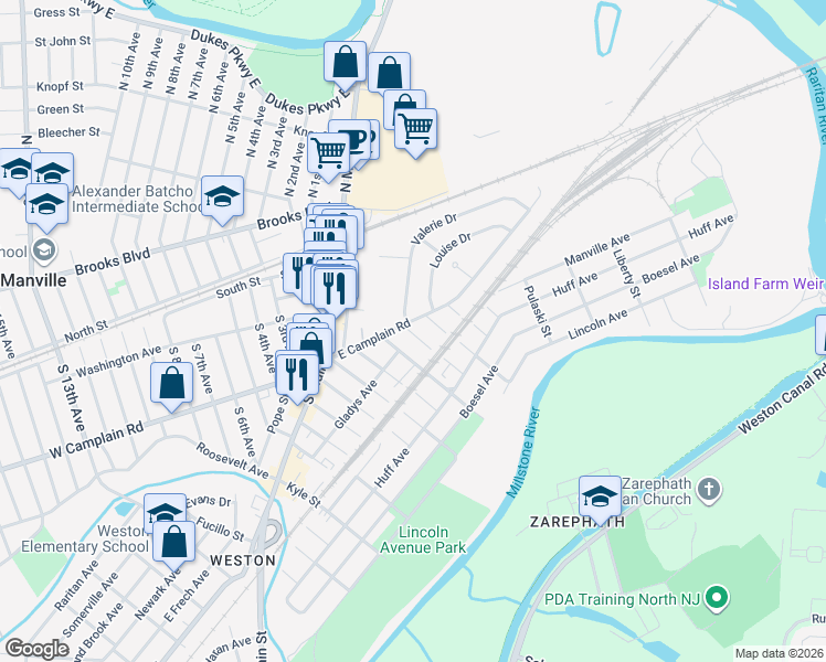 map of restaurants, bars, coffee shops, grocery stores, and more near 78 East Camplain Road in Manville