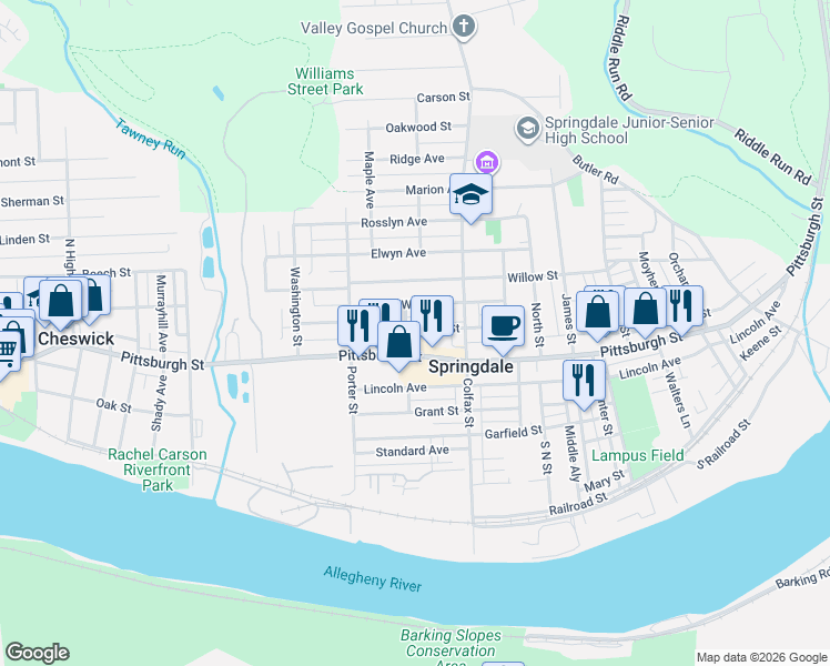 map of restaurants, bars, coffee shops, grocery stores, and more near 499 Chestnut Street in Springdale