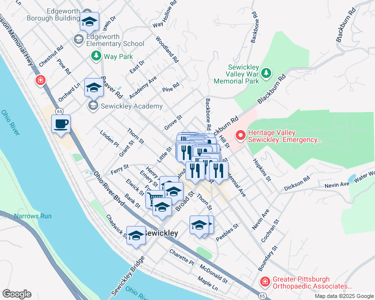 map of restaurants, bars, coffee shops, grocery stores, and more near 321 Beaver Street in Sewickley