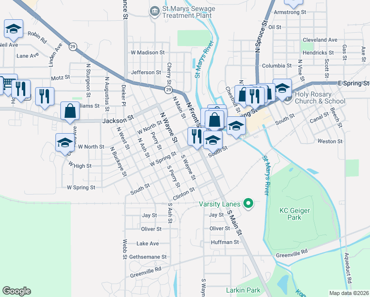 map of restaurants, bars, coffee shops, grocery stores, and more near 333 West Spring Street in Saint Marys