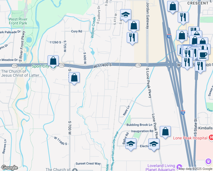 map of restaurants, bars, coffee shops, grocery stores, and more near 11531 Engelmann Drive in Draper