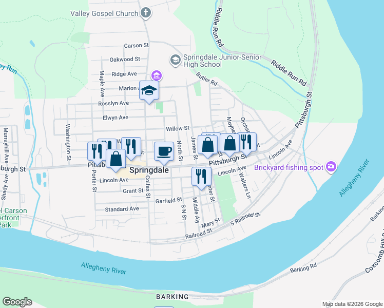 map of restaurants, bars, coffee shops, grocery stores, and more near 329 James Street in Springdale