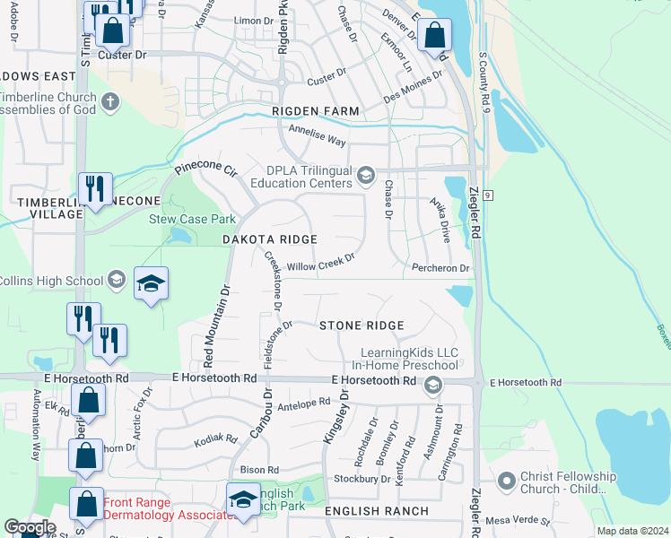 map of restaurants, bars, coffee shops, grocery stores, and more near 2719 Willow Creek Drive in Fort Collins