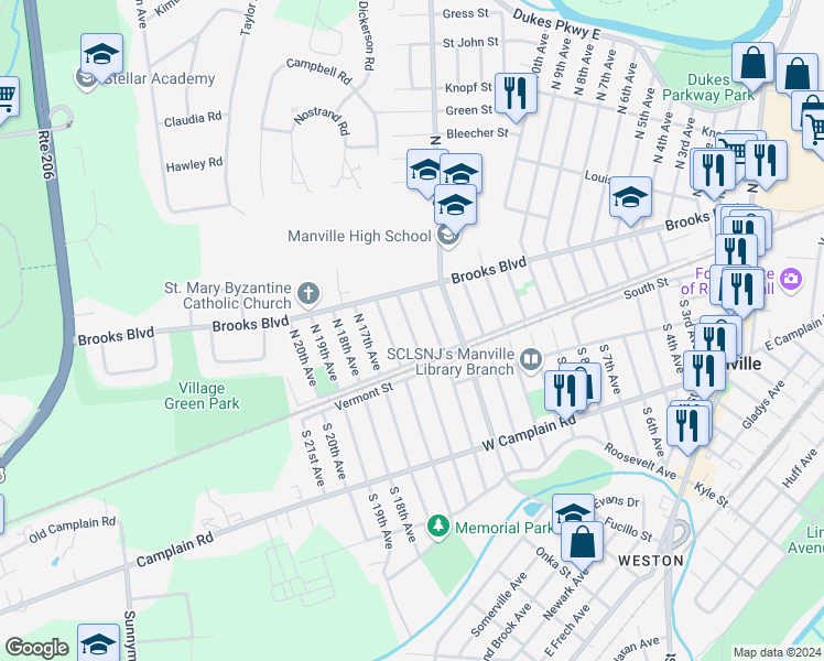 map of restaurants, bars, coffee shops, grocery stores, and more near 25 North 14th Avenue in Manville