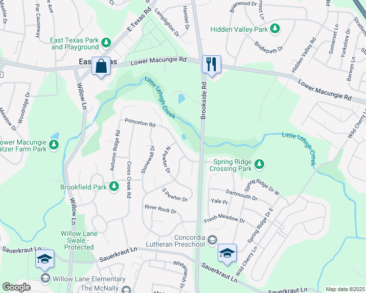 map of restaurants, bars, coffee shops, grocery stores, and more near 5499 Princeton Road in Macungie