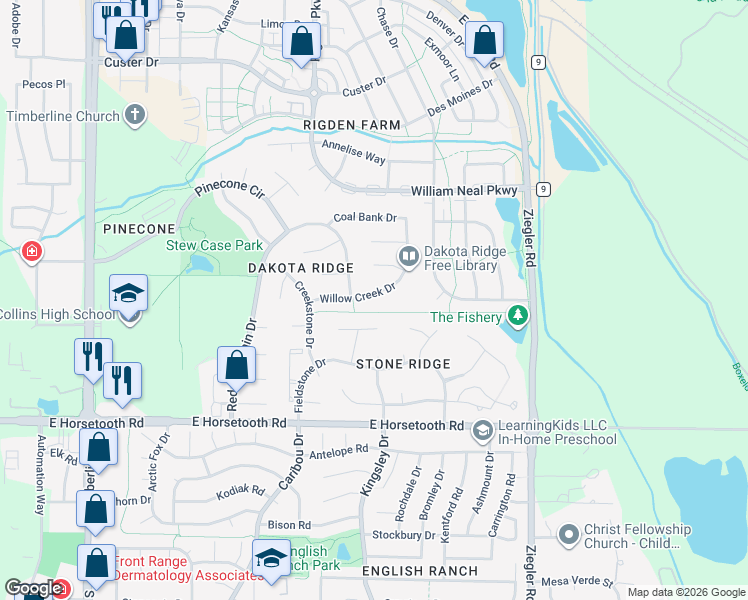 map of restaurants, bars, coffee shops, grocery stores, and more near 2719 Willow Creek Drive in Fort Collins