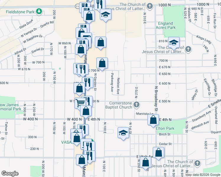 map of restaurants, bars, coffee shops, grocery stores, and more near 579 Parkway Avenue in Tooele