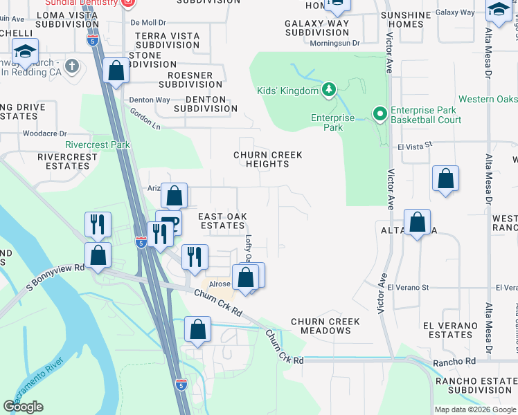 map of restaurants, bars, coffee shops, grocery stores, and more near 4560 Kayla Drive in Redding
