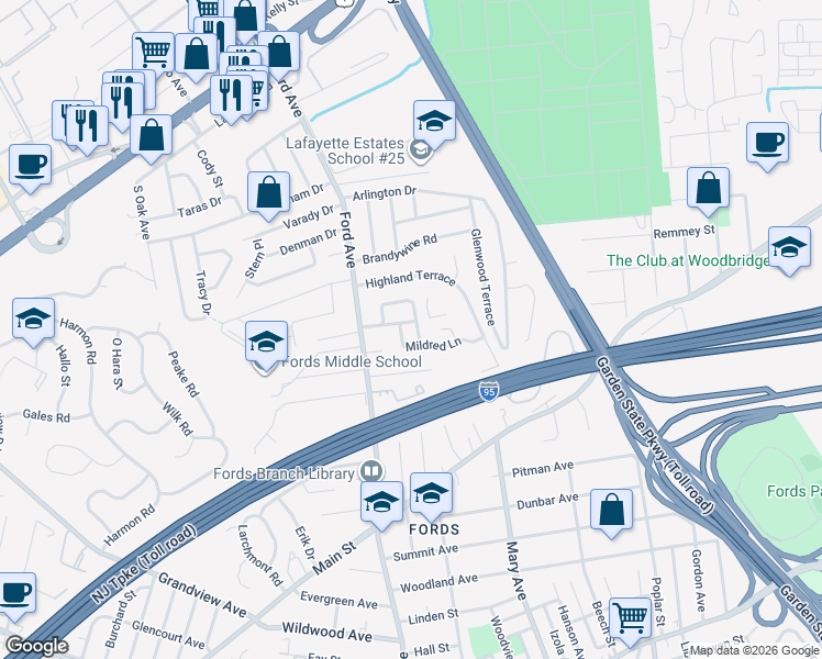 map of restaurants, bars, coffee shops, grocery stores, and more near 52 Snyder Road in Woodbridge Township