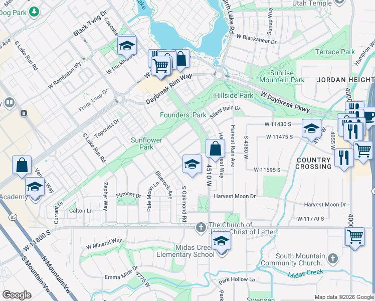 map of restaurants, bars, coffee shops, grocery stores, and more near 4589 Warm Canyon Lane in South Jordan