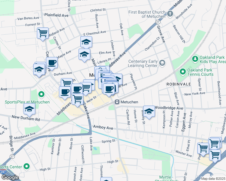 map of restaurants, bars, coffee shops, grocery stores, and more near 31 Station Place in Metuchen