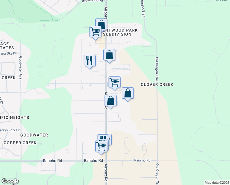 map of restaurants, bars, coffee shops, grocery stores, and more near 8759 Airport Road in Redding