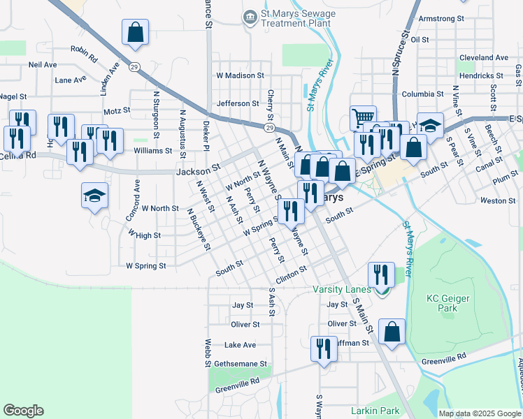 map of restaurants, bars, coffee shops, grocery stores, and more near 120 North Perry Street in Saint Marys