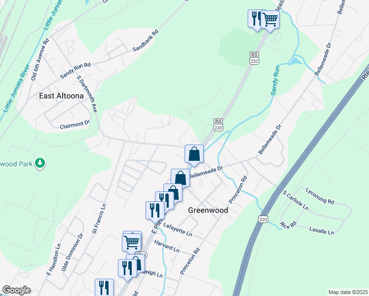 map of restaurants, bars, coffee shops, grocery stores, and more near 521 South Dartmouth Avenue in Altoona