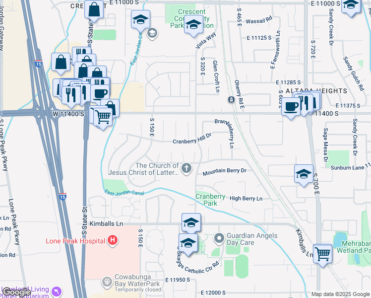 map of restaurants, bars, coffee shops, grocery stores, and more near 11533 South Berryknoll Circle in Draper