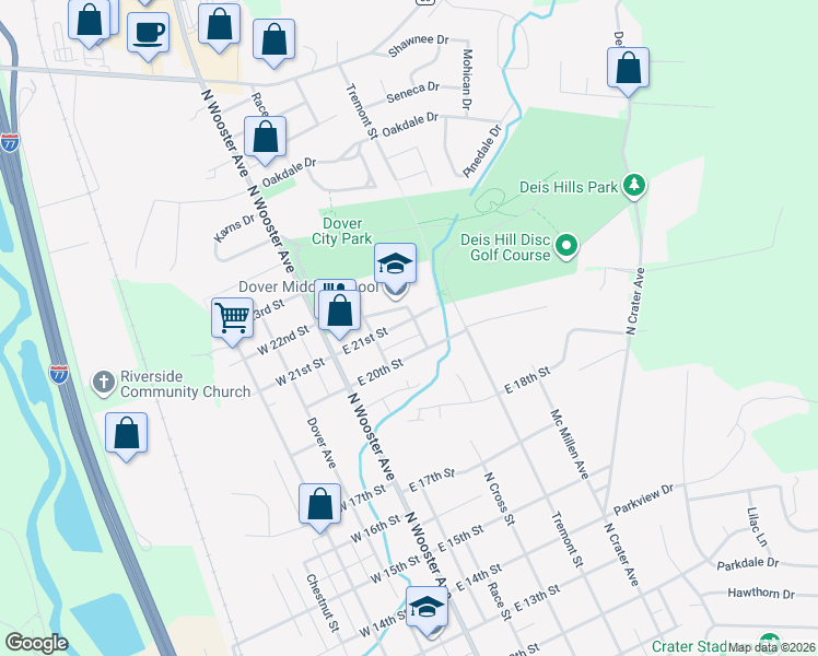 map of restaurants, bars, coffee shops, grocery stores, and more near 300 East 21st Street in Dover