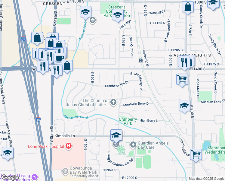 map of restaurants, bars, coffee shops, grocery stores, and more near 11533 South Berryknoll Circle in Draper