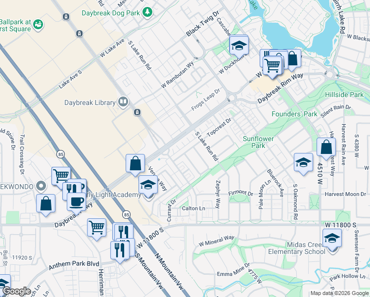 map of restaurants, bars, coffee shops, grocery stores, and more near 4998 Topcrest Drive in South Jordan