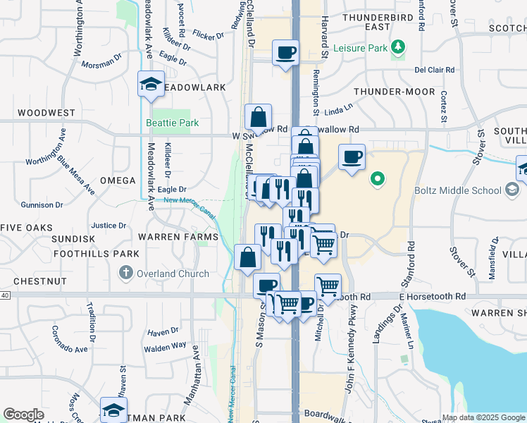 map of restaurants, bars, coffee shops, grocery stores, and more near 3307 South College Avenue in Fort Collins