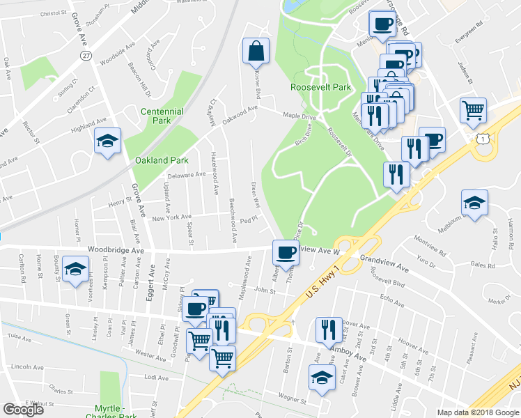 map of restaurants, bars, coffee shops, grocery stores, and more near 16 Eileen Way in Edison