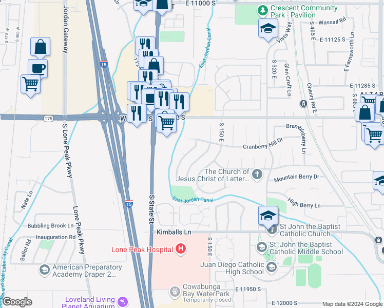 map of restaurants, bars, coffee shops, grocery stores, and more near 11521 Sweet Berry Drive in Draper