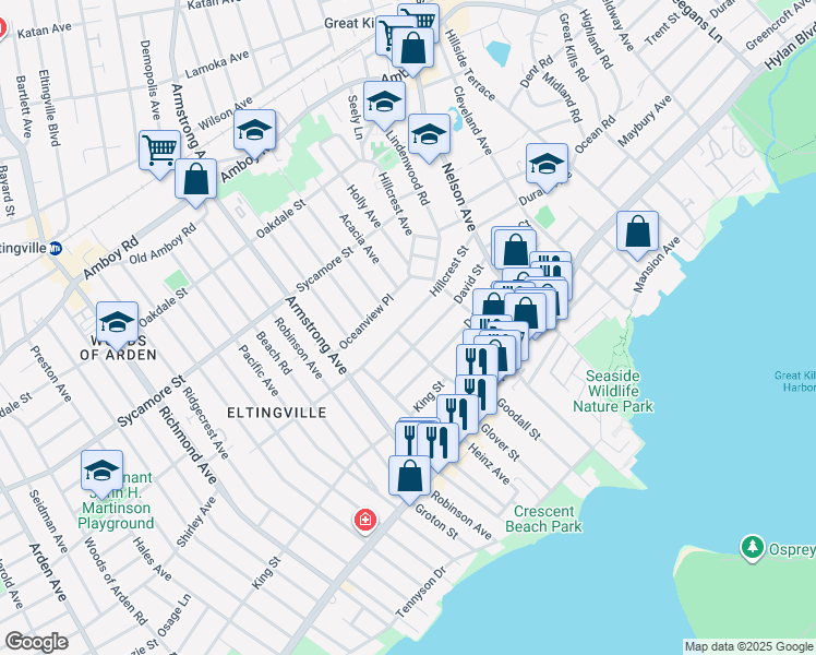 map of restaurants, bars, coffee shops, grocery stores, and more near 124 Hillcrest Street in Staten Island