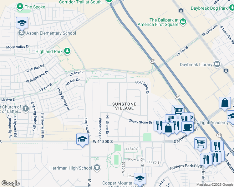 map of restaurants, bars, coffee shops, grocery stores, and more near 11522 Spring Stone Drive in South Jordan
