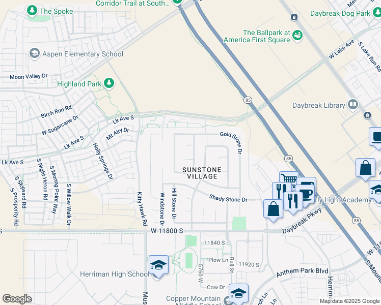 map of restaurants, bars, coffee shops, grocery stores, and more near 11522 Spring Stone Drive in South Jordan
