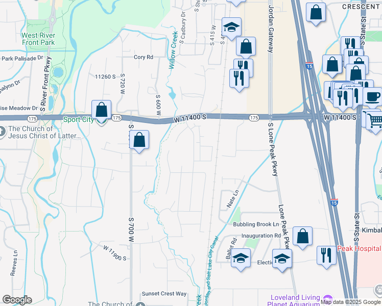map of restaurants, bars, coffee shops, grocery stores, and more near 11538 Engelmann Drive in Draper