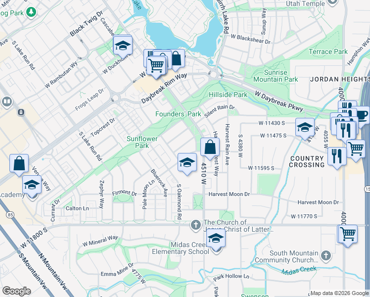 map of restaurants, bars, coffee shops, grocery stores, and more near 4589 Warm Canyon Lane in South Jordan