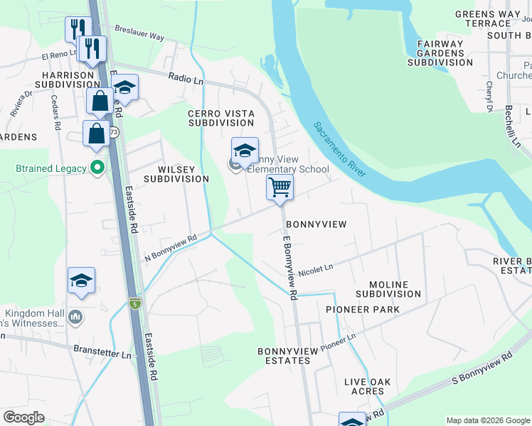 map of restaurants, bars, coffee shops, grocery stores, and more near 2711 North Bonnyview Road in Redding