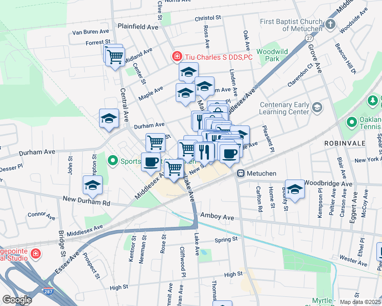 map of restaurants, bars, coffee shops, grocery stores, and more near 69 Pearl Street in Metuchen