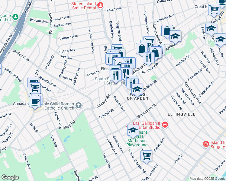 map of restaurants, bars, coffee shops, grocery stores, and more near 41 Waimer Place in Staten Island