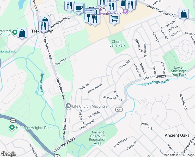 map of restaurants, bars, coffee shops, grocery stores, and more near 7266 Cedar Road in Macungie