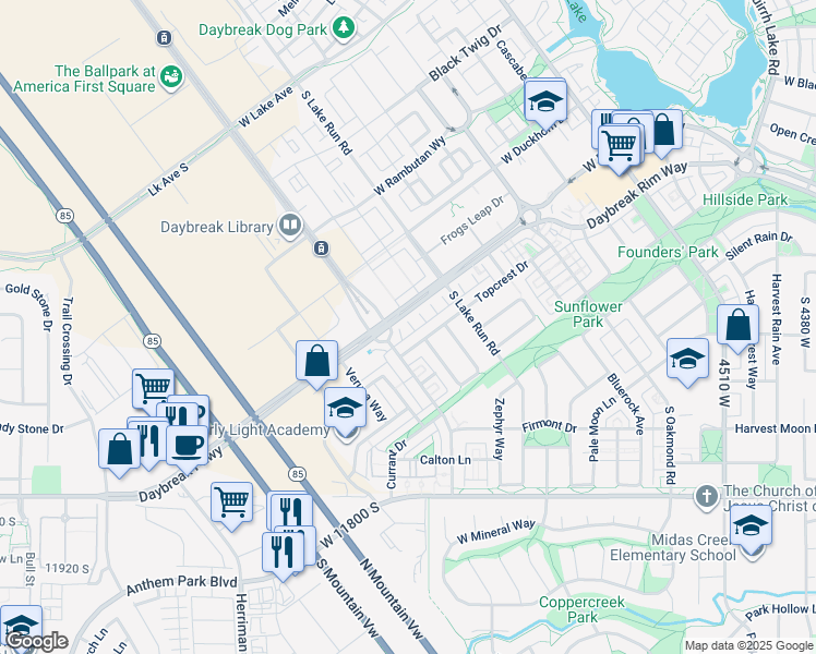 map of restaurants, bars, coffee shops, grocery stores, and more near 5049 West Daybreak Parkway in South Jordan