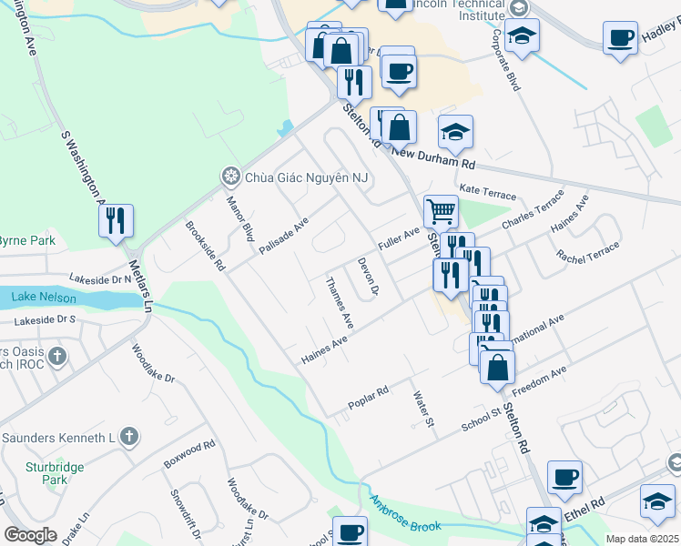 map of restaurants, bars, coffee shops, grocery stores, and more near 52 Fuller Avenue in Piscataway