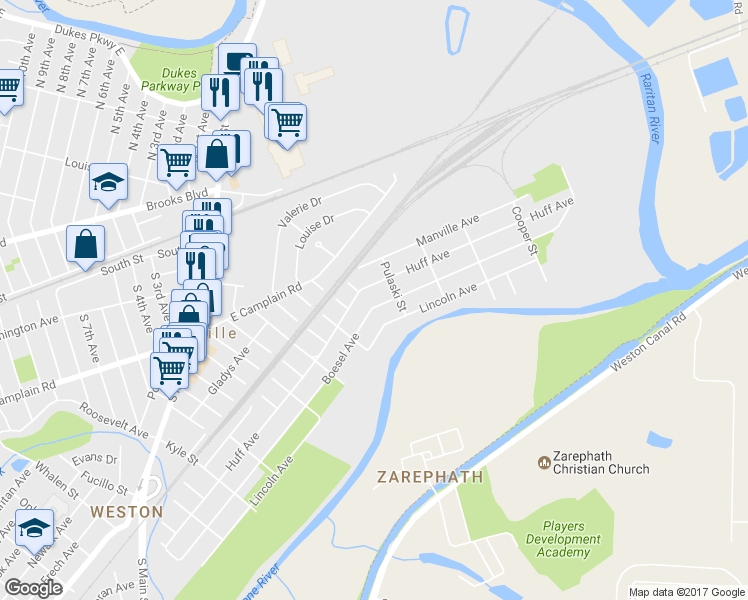 map of restaurants, bars, coffee shops, grocery stores, and more near 635 Boesel Avenue in Manville