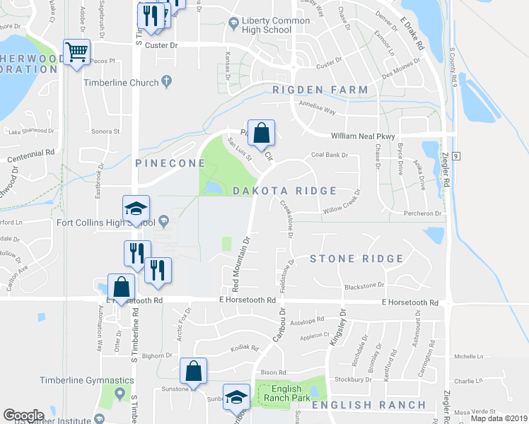 map of restaurants, bars, coffee shops, grocery stores, and more near 3307 Monarch Court in Fort Collins
