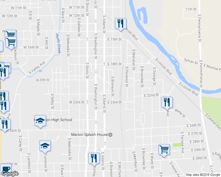 map of restaurants, bars, coffee shops, grocery stores, and more near 2110 South Branson Street in Marion