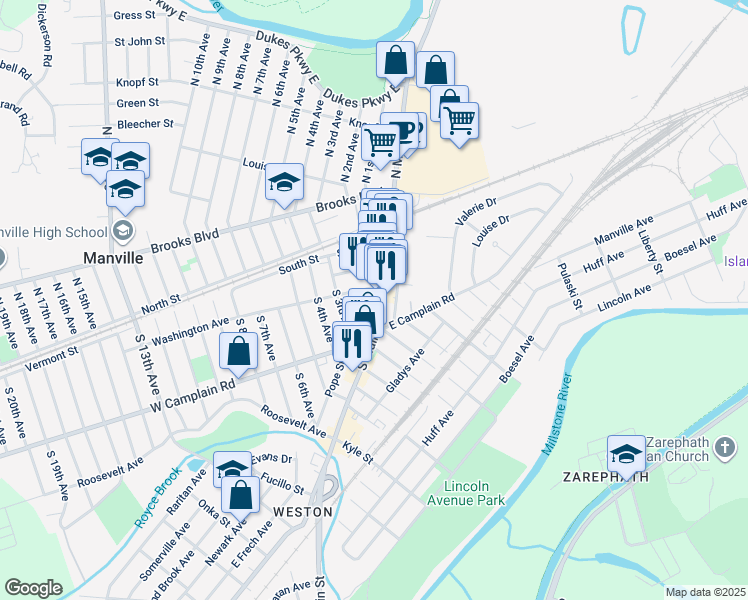 map of restaurants, bars, coffee shops, grocery stores, and more near 110 South Main Street in Manville