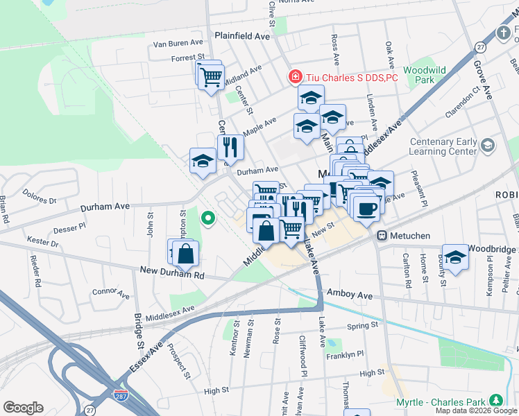 map of restaurants, bars, coffee shops, grocery stores, and more near 3 Park Square in Metuchen