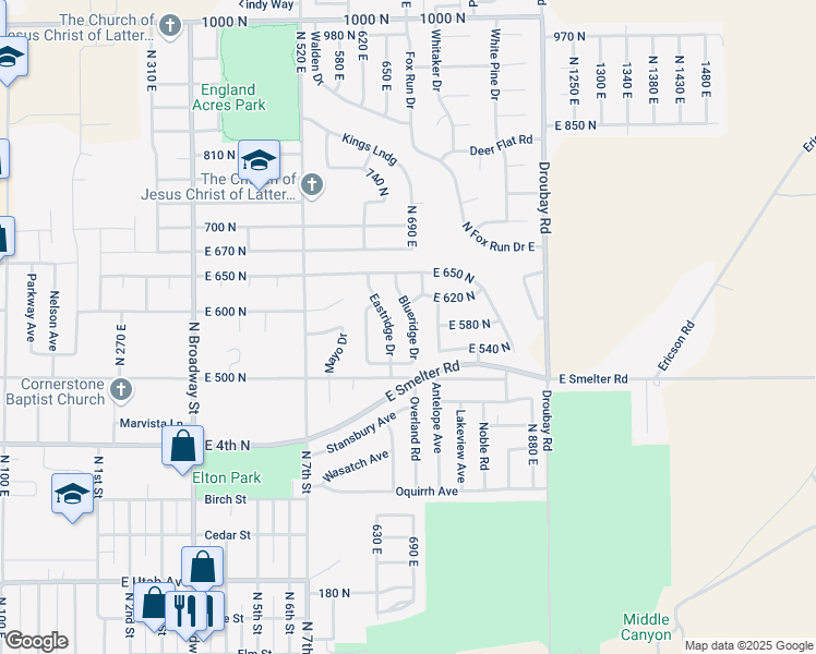 map of restaurants, bars, coffee shops, grocery stores, and more near 577 Blueridge Drive in Tooele