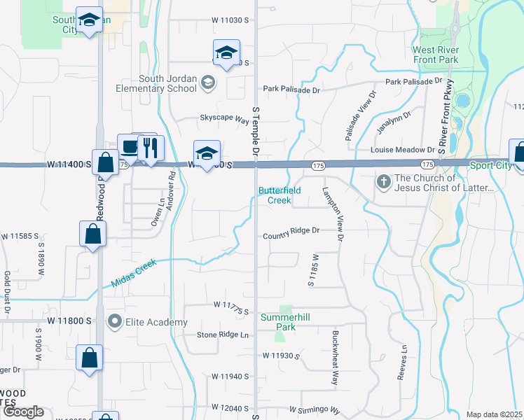 map of restaurants, bars, coffee shops, grocery stores, and more near 11515 South Temple Drive in South Jordan