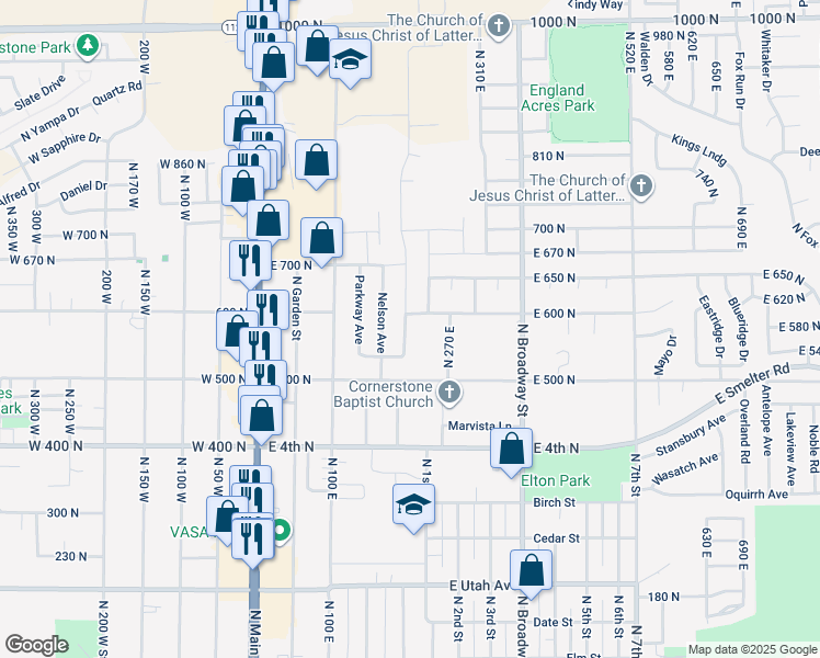 map of restaurants, bars, coffee shops, grocery stores, and more near 590 North Brook Avenue in Tooele