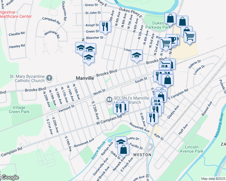 map of restaurants, bars, coffee shops, grocery stores, and more near 4 South 9th Avenue in Manville